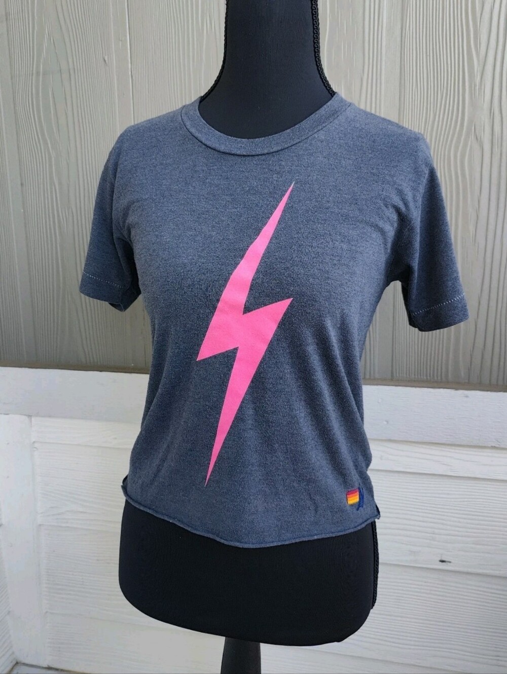 Aviator Nation Lightning Bolt Boyfriend Short Sleeve Cropped Tee Shirt Gray XS
